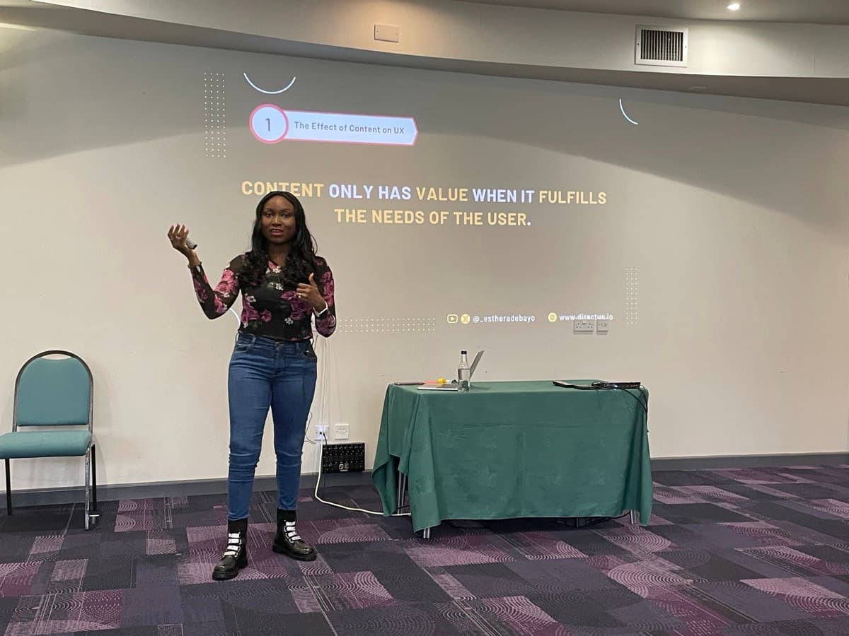 esther speaking on stage at directus content day