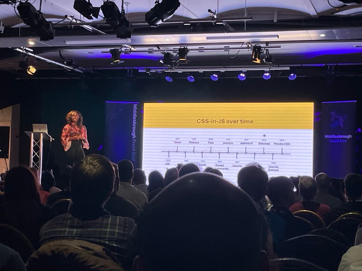 esther speaking on stage at middlesbrough frontend